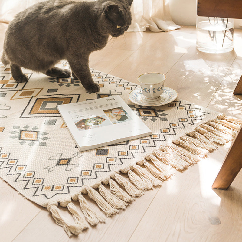 Moroccan Bedroom Rug Multicolored Tribal Symbols Rug Cotton Blend Pet-Friendly Eco Area Rug with Tassels | Bowlift