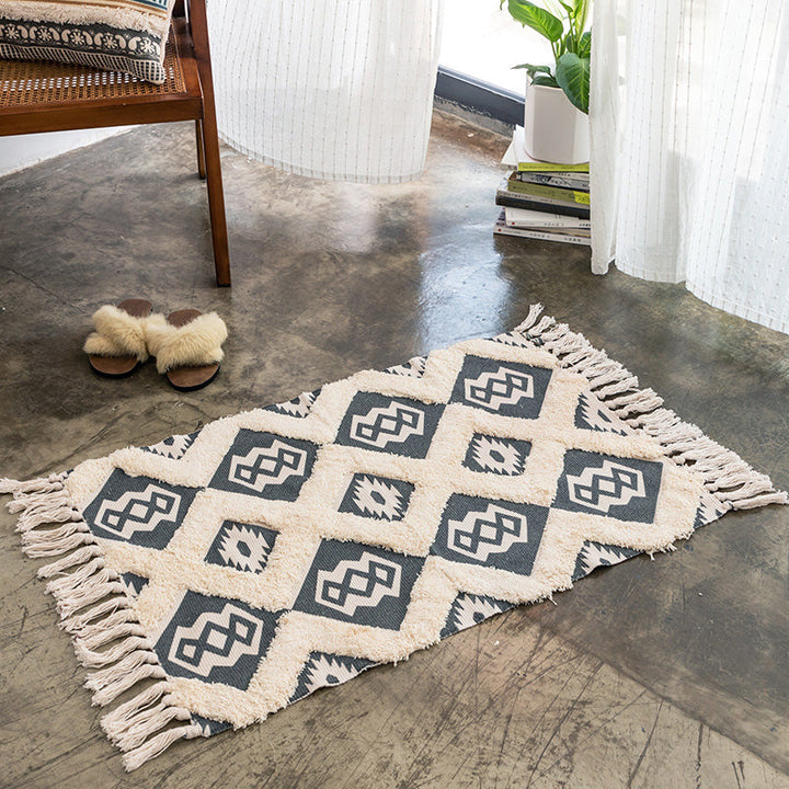 BowLift | Moroccan Bedroom Rug Multicolored Tribal Symbols Rug Cotton Blend Pet Friendly Eco-Friendly Area Rug with Fringes