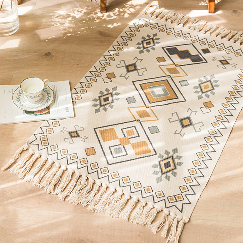 BowLift | Moroccan Bedroom Rug Multicolored Tribal Symbols Rug Cotton Blend Pet Friendly Eco-Friendly Area Rug with Fringes
