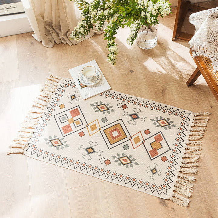 Moroccan Bedroom Rug Multicolored Tribal Symbols Rug Cotton Blend Pet-Friendly Eco Area Rug with Tassels | Bowlift