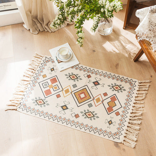Moroccan Bedroom Rug Multicolored Tribal Symbols Rug Cotton Blend Pet-Friendly Eco Area Rug with Tassels | Bowlift