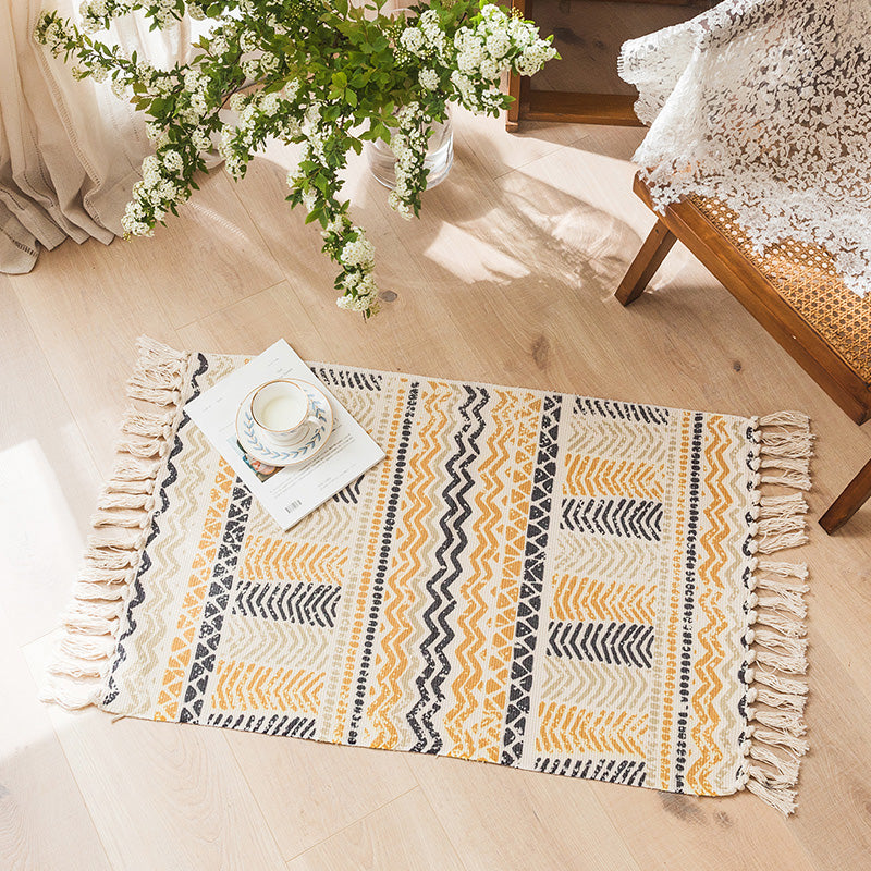 BowLift | Moroccan Bedroom Rug Multicolored Tribal Symbols Rug Cotton Blend Pet Friendly Eco-Friendly Area Rug with Fringes