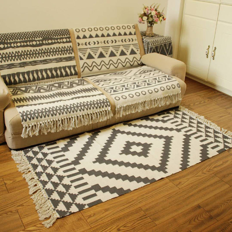 Western Bedroom Rug Multicolored Tribal Geo Rug Cotton Blend Easy Care Washable Rug with Fringes | Bowlift