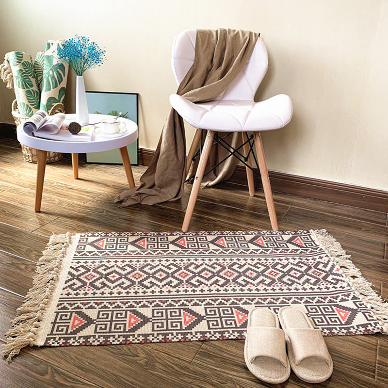 Western Bedroom Rug Multicolored Tribal Geo Rug Cotton Blend Easy Care Washable Rug with Fringes | Bowlift