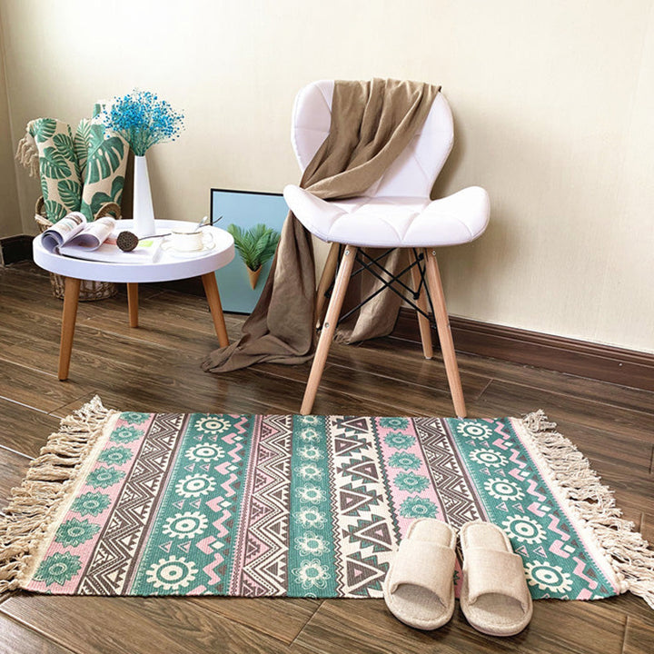 Western Bedroom Rug Multicolored Tribal Geo Rug Cotton Blend Easy Care Washable Rug with Fringes | Bowlift