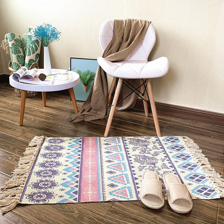 BowLift | Western Bedroom Rug Multicolored Tribal Geo Rug Cotton Blend Easy Care Washable Area Rug with Fringe