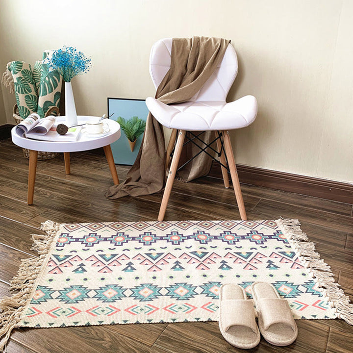 Western Bedroom Rug Multicolored Tribal Geo Rug Cotton Blend Easy Care Washable Rug with Fringes | Bowlift