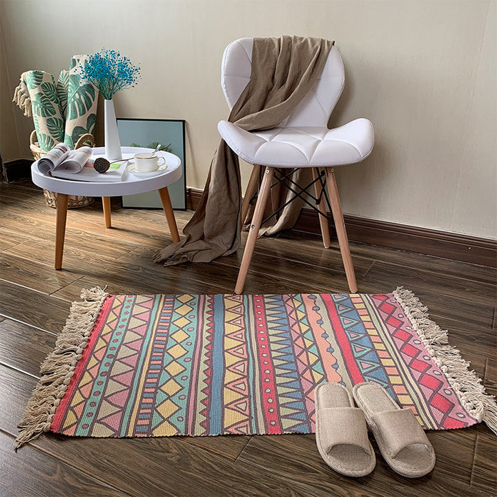 Western Bedroom Rug Multicolored Tribal Geo Rug Cotton Blend Easy Care Washable Rug with Fringes | Bowlift
