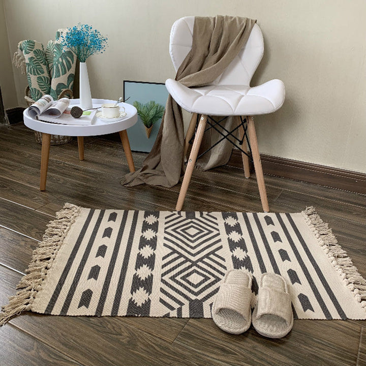 Western Bedroom Rug Multicolored Tribal Geo Rug Cotton Blend Easy Care Washable Rug with Fringes | Bowlift
