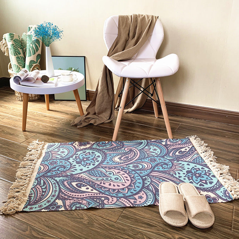 Western Bedroom Rug Multicolored Tribal Geo Rug Cotton Blend Easy Care Washable Rug with Fringes | Bowlift