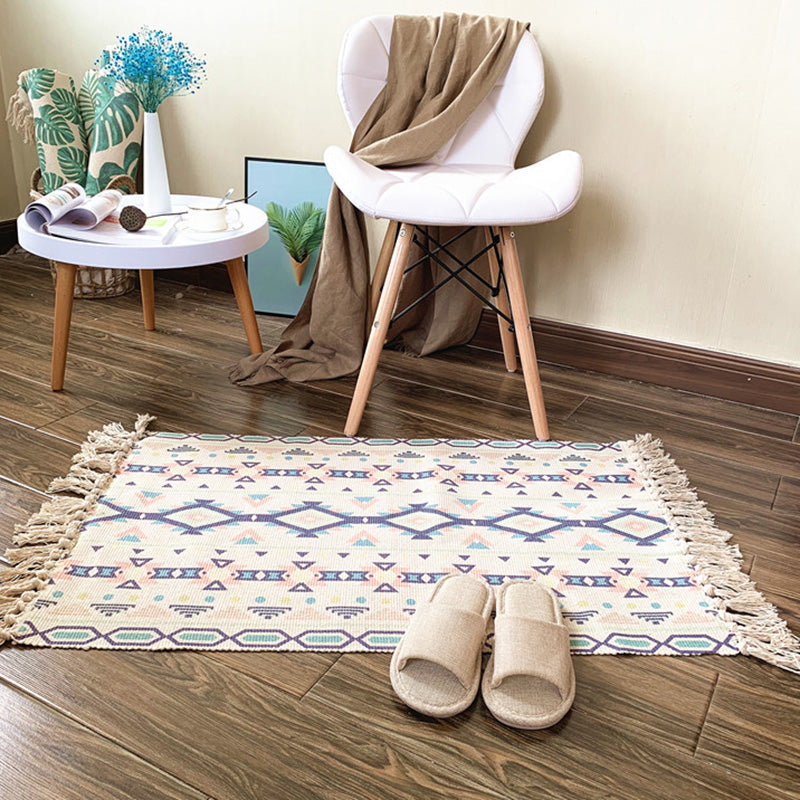 Western Bedroom Rug Multicolored Tribal Geo Rug Cotton Blend Easy Care Washable Rug with Fringes | Bowlift