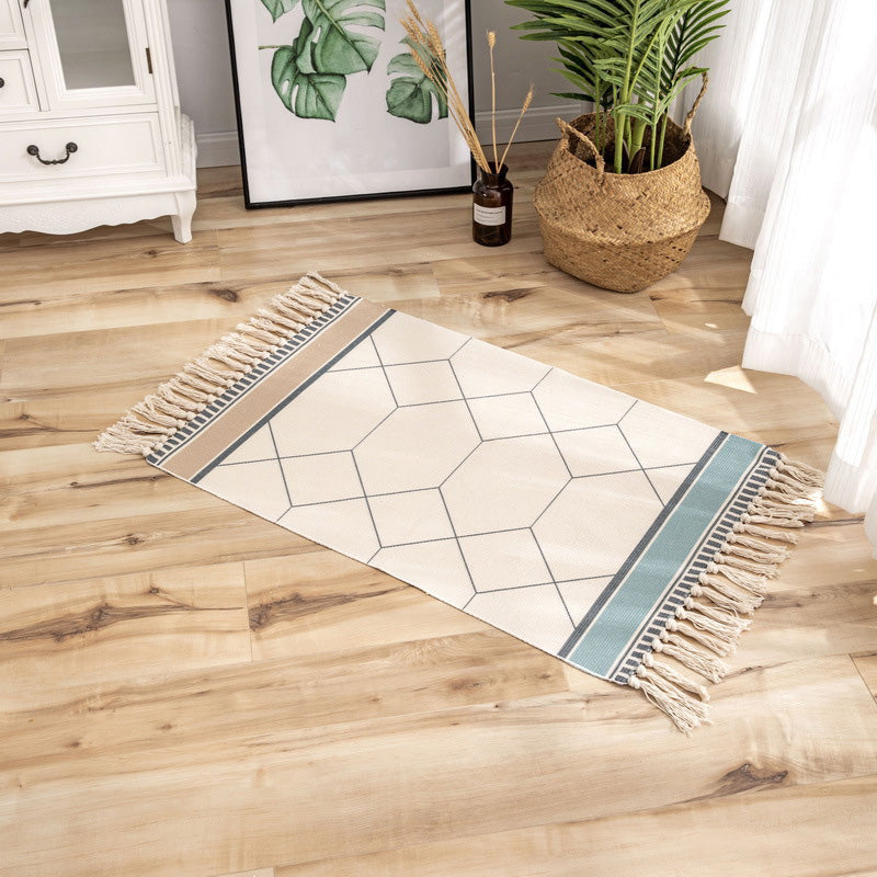 Classic geometric printed rug Multicolored cotton blend rug Easy-care washable rug with fringes for the bedroom | Bowlift