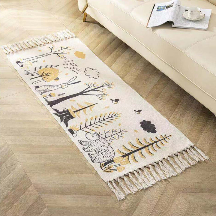 Classic geometric printed rug Multicolored cotton blend rug Easy-care washable rug with fringes for the bedroom | Bowlift
