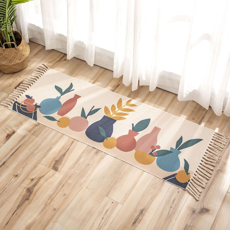 Classic geometric printed rug Multicolored cotton blend rug Easy-care washable rug with fringes for the bedroom | Bowlift
