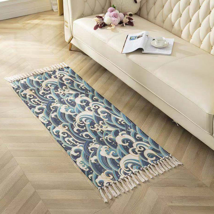 Classic geometric printed rug Multicolored cotton blend rug Easy-care washable rug with fringes for the bedroom | Bowlift