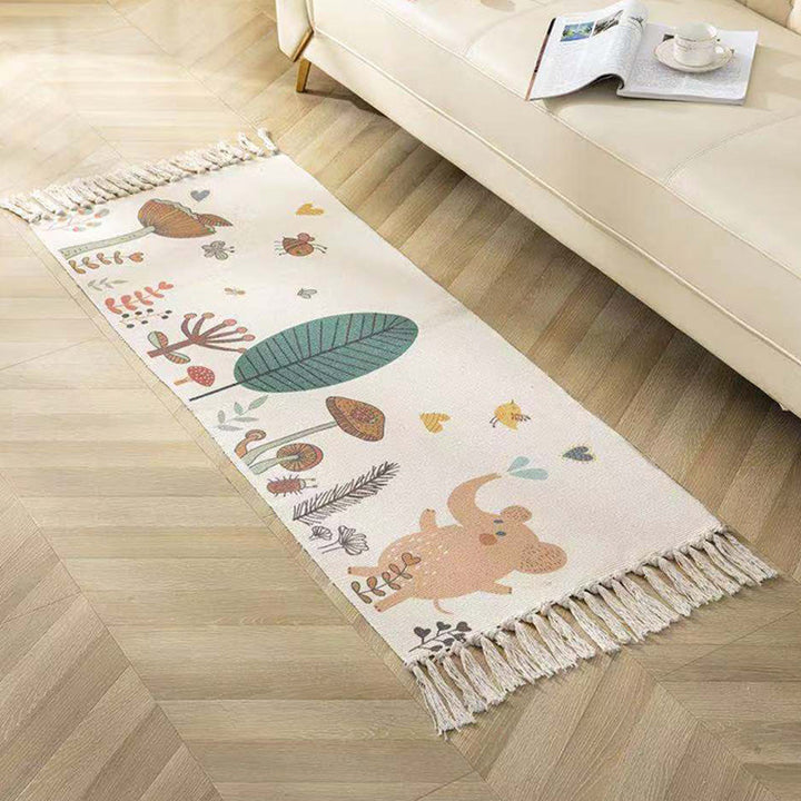 Classic geometric printed rug Multicolored cotton blend rug Easy-care washable rug with fringes for the bedroom | Bowlift