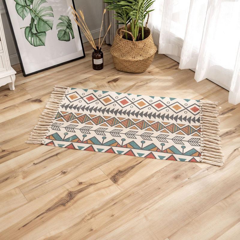 Classic geometric printed rug Multicolored cotton blend rug Easy-care washable rug with fringes for the bedroom | Bowlift