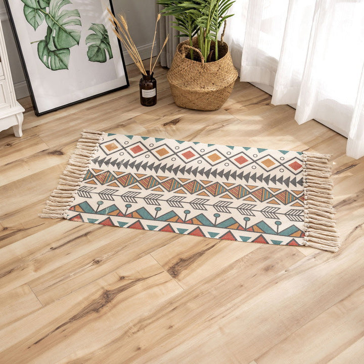 Classic geometric printed rug Multicolored cotton blend rug Easy-care washable rug with fringes for the bedroom | Bowlift