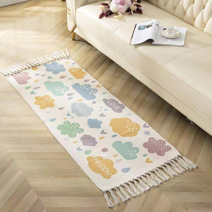 Classic geometric printed rug Multicolored cotton blend rug Easy-care washable rug with fringes for the bedroom | Bowlift