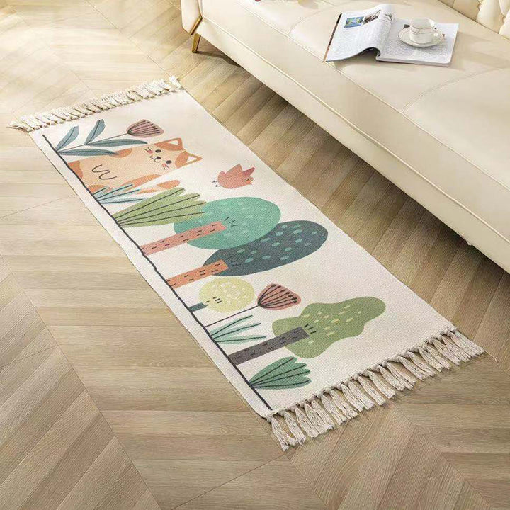 Classic geometric printed rug Multicolored cotton blend rug Easy-care washable rug with fringes for the bedroom | Bowlift