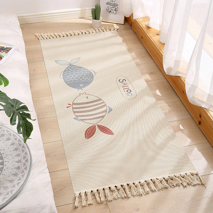 Americana Bedroom Rug Multicolored geometric print rug Machine washable Easy care rug with tassels | Bowlift