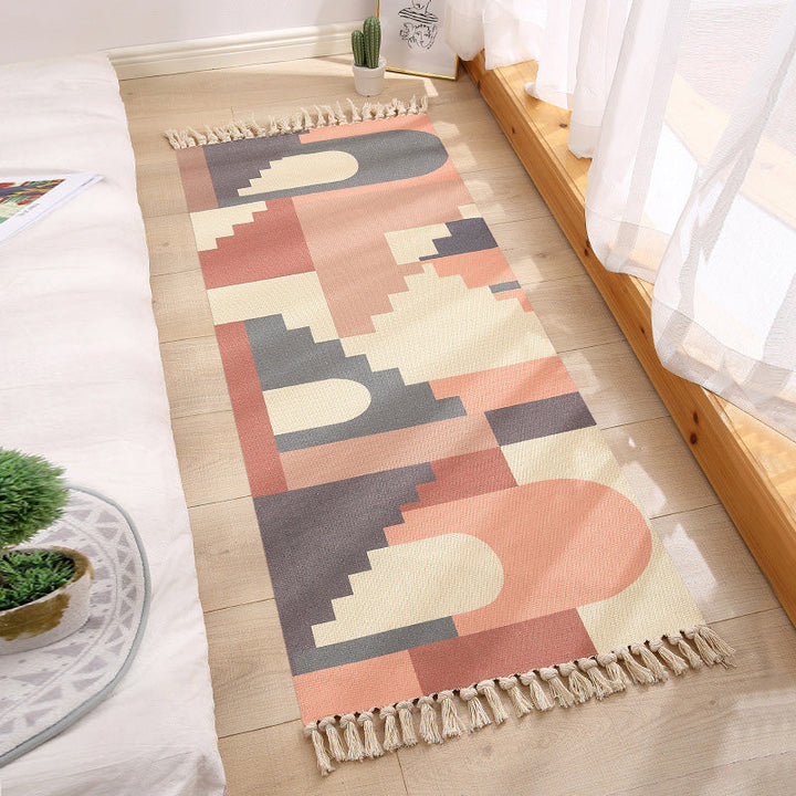 Americana Bedroom Rug Multicolored geometric print rug Machine washable Easy care rug with tassels | Bowlift