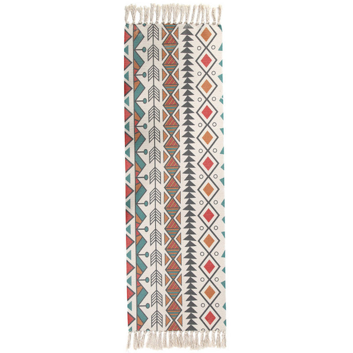 Americana Bedroom Rug Multicolored geometric print rug Machine washable Easy care rug with tassels | Bowlift