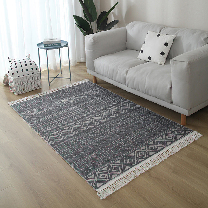 Western Living Room Rug Multicolored Geo Pattern Rug Cotton Blend Washable Handwoven Rug with Fringes | Bowlift