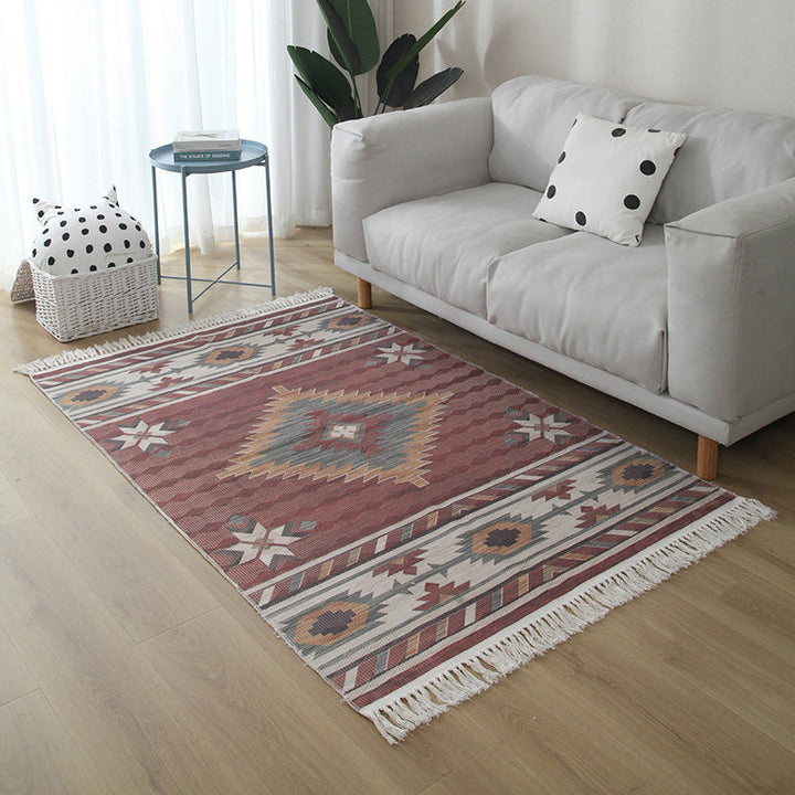 Western Living Room Rug Multicolored Geo Pattern Rug Cotton Blend Washable Handwoven Rug with Fringes | Bowlift