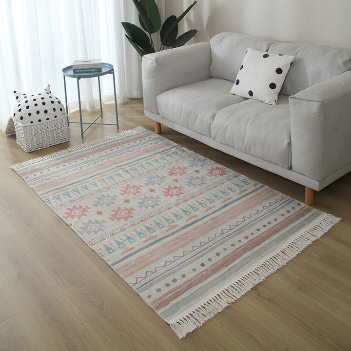 Western Living Room Rug Multicolored Geo Pattern Rug Cotton Blend Washable Handwoven Rug with Fringes | Bowlift
