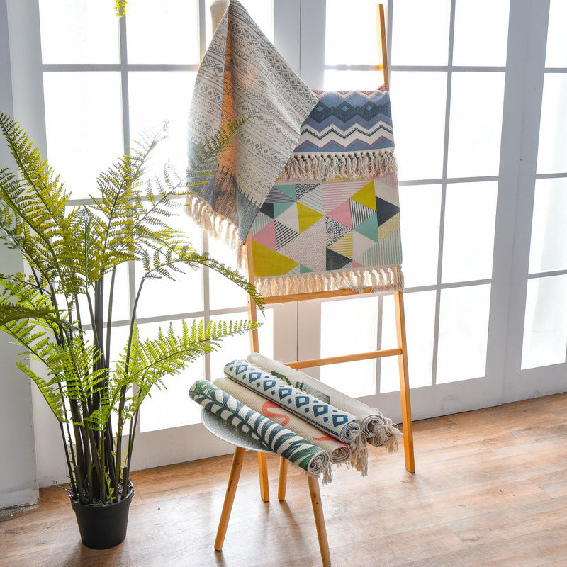 Westerner Bedroom Rug Multicolored Geometric Print Rug Cotton Blend Machine Washable Easy-Care Rug with Fringes | Bowlift