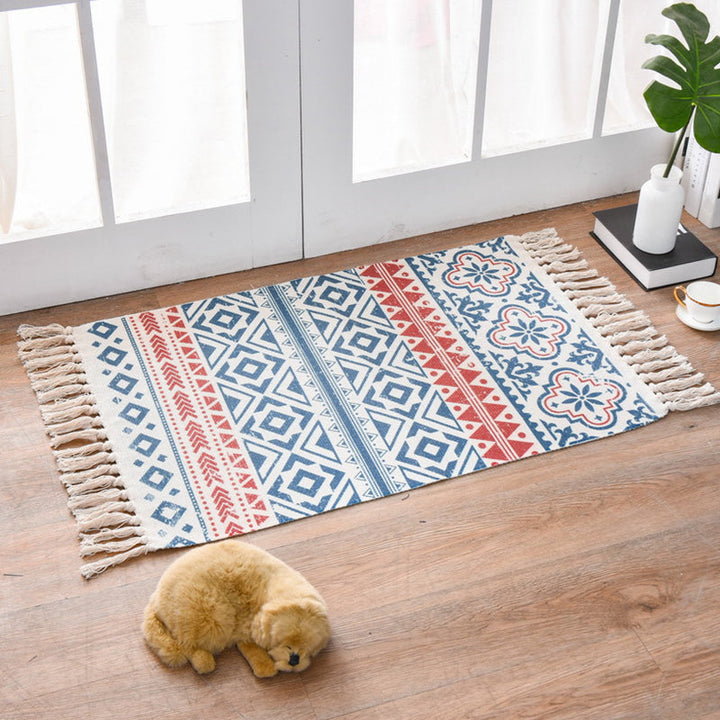 Westerner Bedroom Rug Multicolored Geometric Print Rug Cotton Blend Machine Washable Easy-Care Rug with Fringes | Bowlift