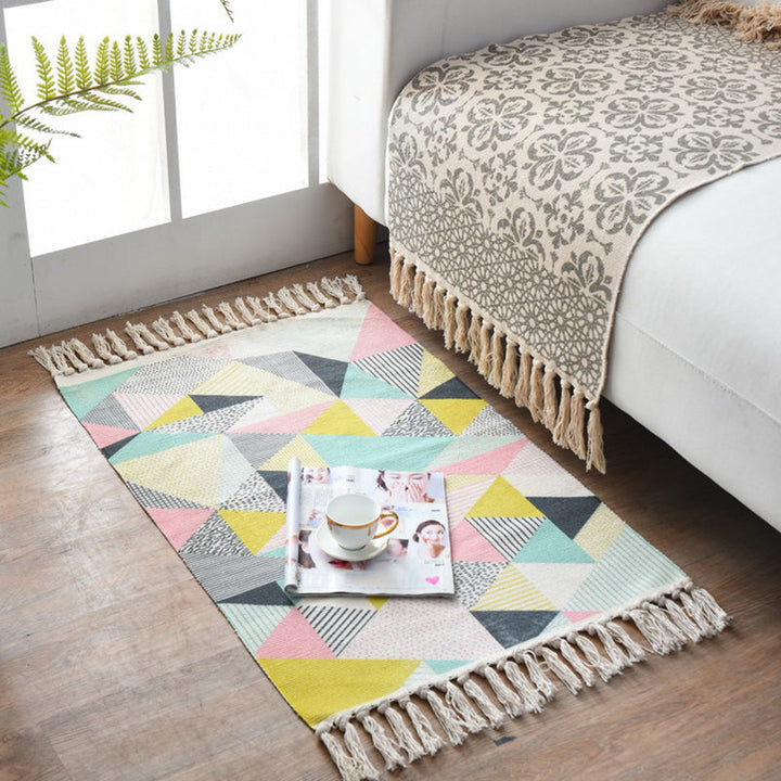 Westerner Bedroom Rug Multicolored Geometric Print Rug Cotton Blend Machine Washable Easy-Care Rug with Fringes | Bowlift