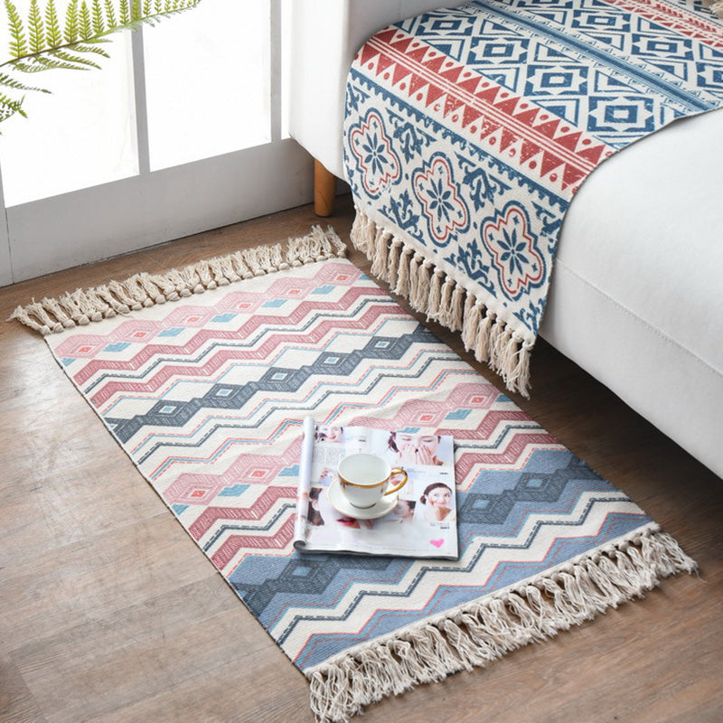 Westerner Bedroom Rug Multicolored Geometric Print Rug Cotton Blend Machine Washable Easy-Care Rug with Fringes | Bowlift