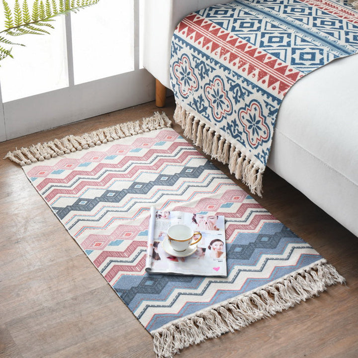 Westerner Bedroom Rug Multicolored Geometric Print Rug Cotton Blend Machine Washable Easy-Care Rug with Fringes | Bowlift
