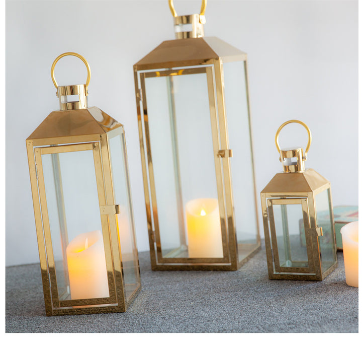 Decorative Gold-Trimmed Glass Lantern Trio with Hinged Door and Carry Ring Bowlift