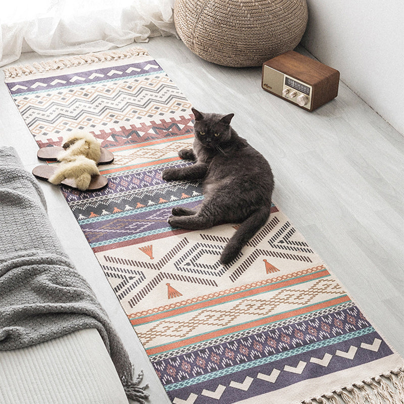 Moroccan Geometric Print Rug Multicolored Cotton Blend Rug Machine Washable Pet-Friendly Rug with Fringe for the Room | Bowlift
