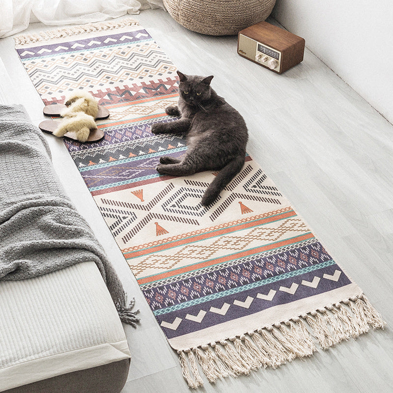 Moroccan Geometric Print Rug Multicolored Cotton Blend Rug Machine Washable Pet-Friendly Rug with Fringe for the Room | Bowlift