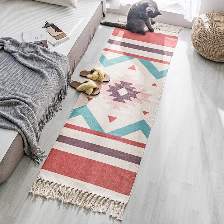 Moroccan Geometric Print Rug Multicolored Cotton Blend Rug Machine Washable Pet-Friendly Rug with Fringe for the Room | Bowlift