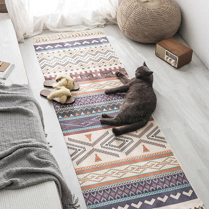 Moroccan Geometric Print Rug Multicolored Cotton Blend Rug Machine Washable Pet-Friendly Rug with Fringe for the Room | Bowlift