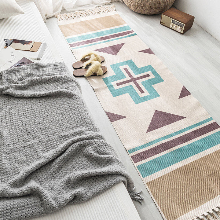 Moroccan Geometric Print Rug Multicolored Cotton Blend Rug Machine Washable Pet-Friendly Rug with Fringe for the Room | Bowlift