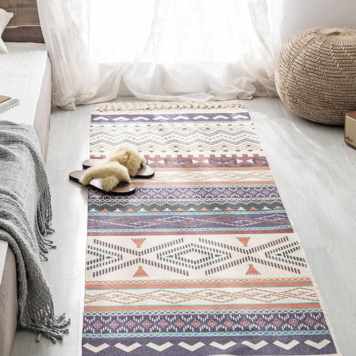 Moroccan Geometric Print Rug Multicolored Cotton Blend Rug Machine Washable Pet-Friendly Rug with Fringe for the Room | Bowlift