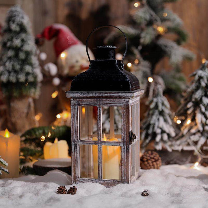 Distressed Wood Glass Candle Lantern with Perforated Metal Top and Vintage Latch Bowlift