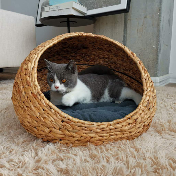 Cozy cat bed made of woven natural material Bowlift