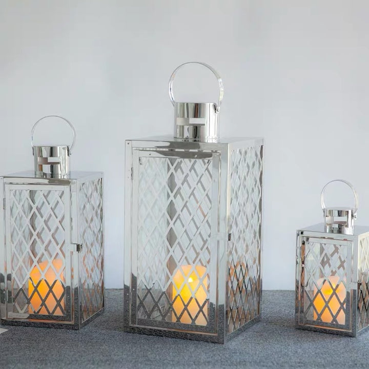 Modern Polished Lattice Metal Lantern Collection with Hinged Door and Top Loop Handle Bowlift