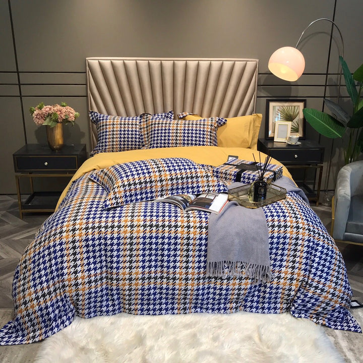 Houndstooth Plaid Reversible Duvet Cover Bedding Set with Solid Sateen Back & Envelope Shams