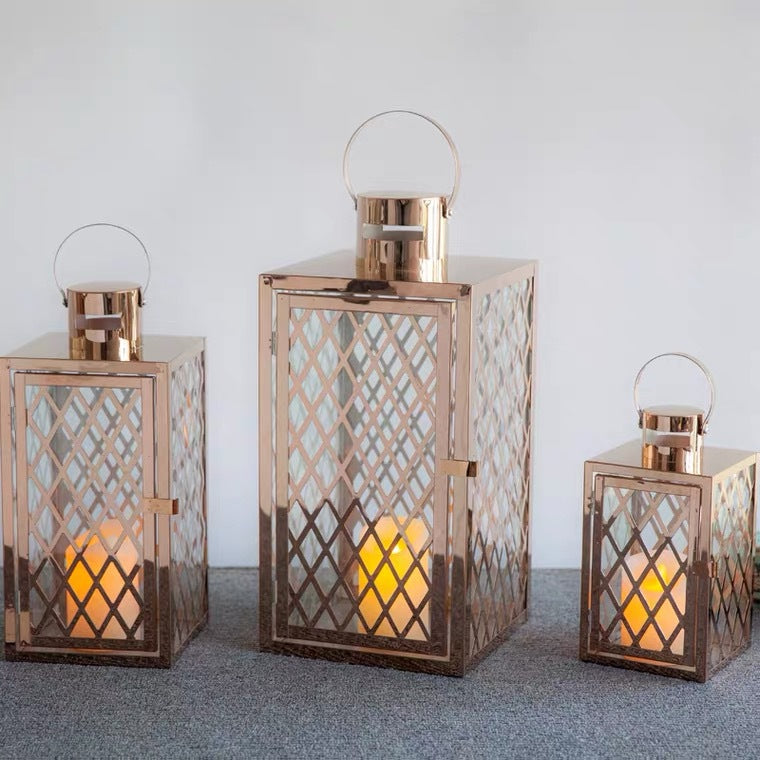 Modern Polished Lattice Metal Lantern Collection with Hinged Door and Top Loop Handle Bowlift