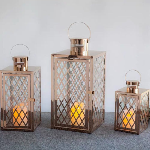 Modern Polished Lattice Metal Lantern Collection with Hinged Door and Top Loop Handle Bowlift