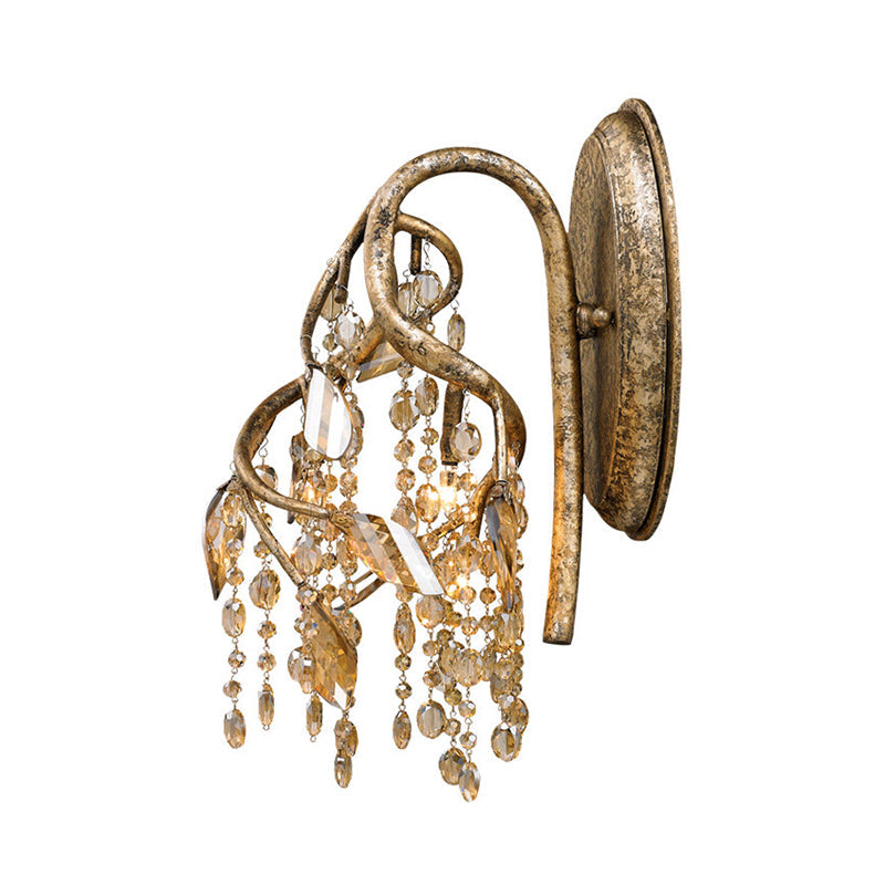 BowLift | Branching Wall-Mounted Lighting Vintage Metal 1 Bulb Brass Finish Wall Light with Amber Crystal Bead Accent