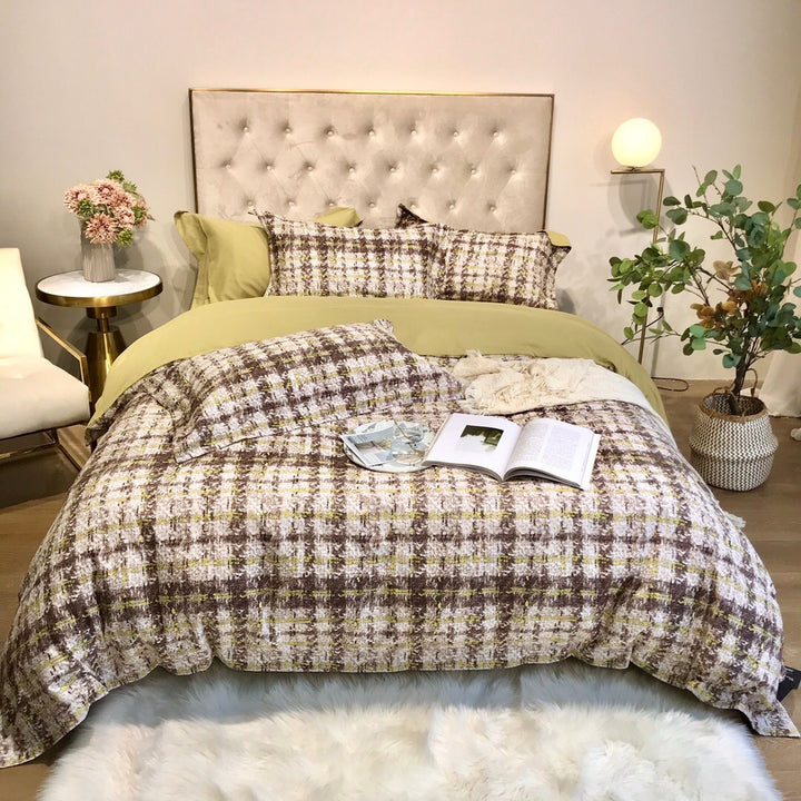 Houndstooth Plaid Reversible Duvet Cover Bedding Set with Solid Sateen Back & Envelope Shams